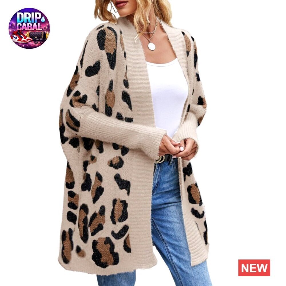 Y2K Leopard Print Fuzzy Knit Cardigan Oversized Batwing Kimono Sweater